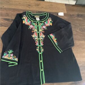 Bob Mackie Embroidered Black Cardigan with Bright Floral Trim